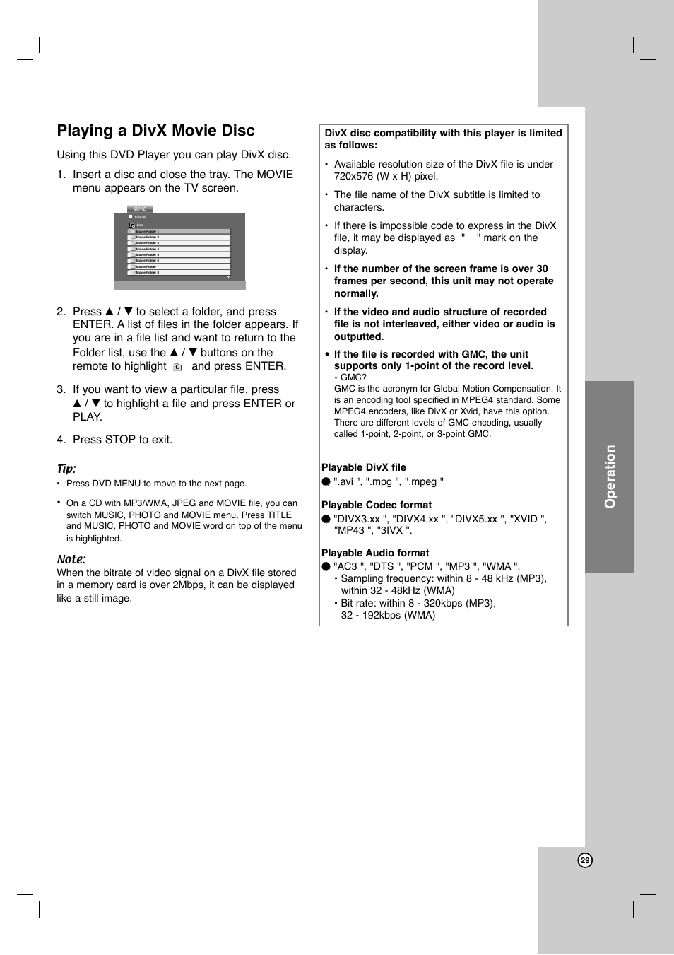 Playing a divx movie disc, Operation | LG DVB418 User Manual | Page 29 / 36