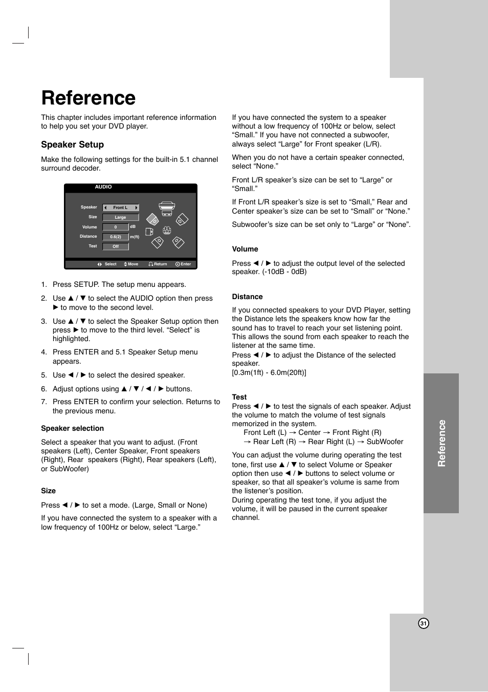 Reference, Speaker setup | LG DVB418 User Manual | Page 31 / 36
