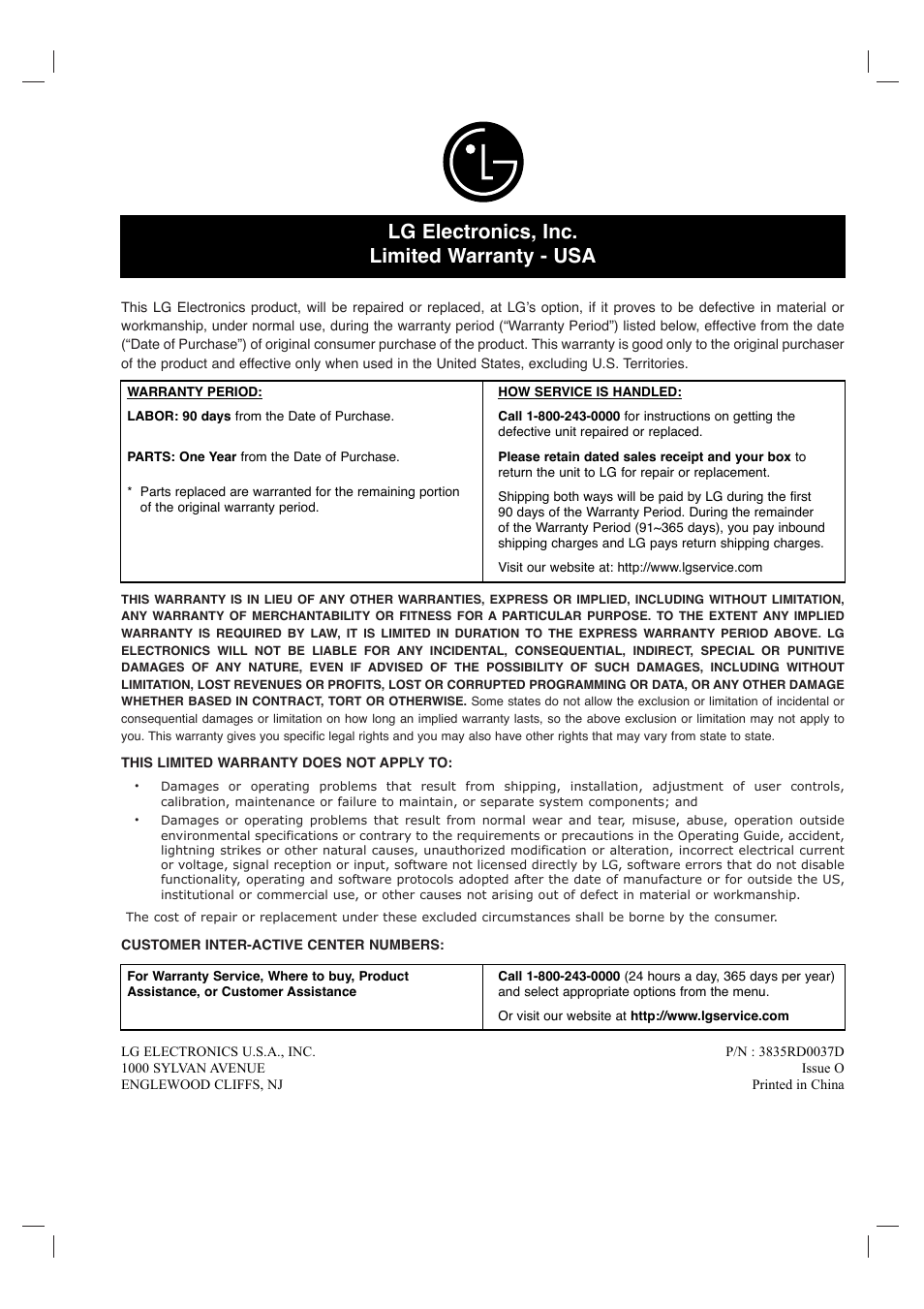 Lg electronics, inc. limited warranty - usa | LG DVB418 User Manual | Page 36 / 36