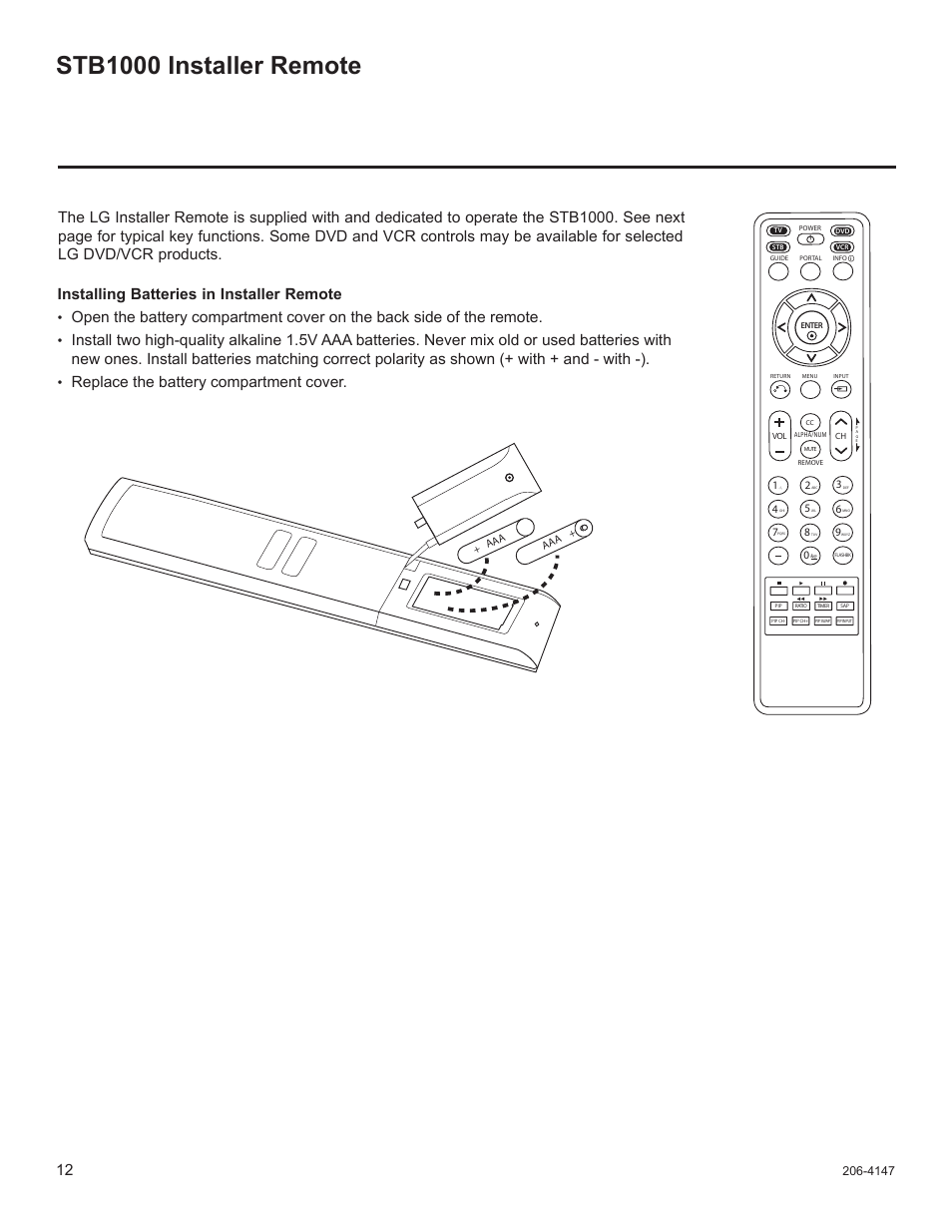 Stb1000 installer remote, Installing batteries in installer remote, Replace the battery compartment cover | LG STB1000 User Manual | Page 12 / 86