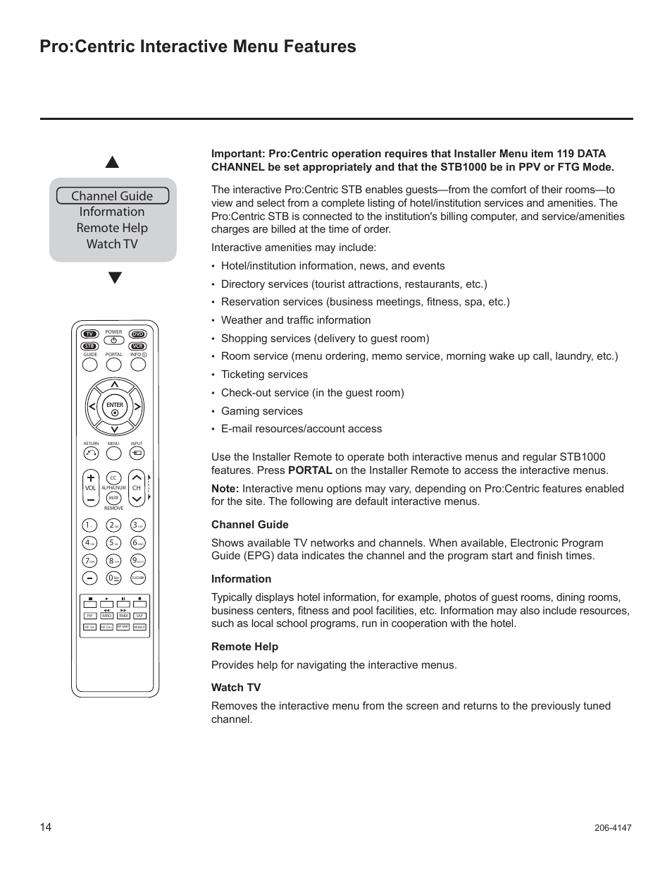 Pro:centric interactive menu features, Channel guide information remote help watch tv, Hotel/institution information, news, and events | Weather and traffi c information, Shopping services (delivery to guest room), Ticketing services, Check-out service (in the guest room), Gaming services | LG STB1000 User Manual | Page 14 / 86