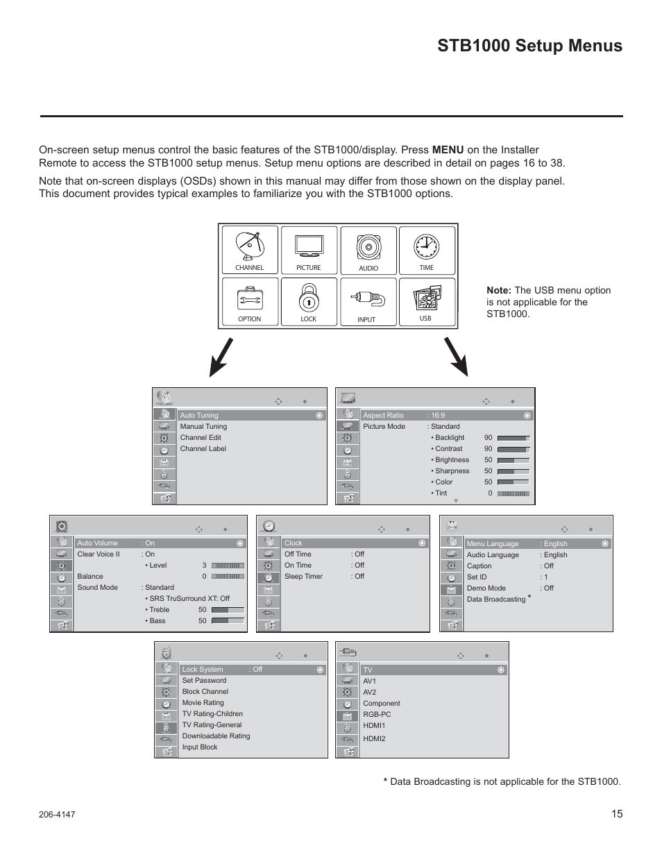Stb1000 setup menus | LG STB1000 User Manual | Page 15 / 86