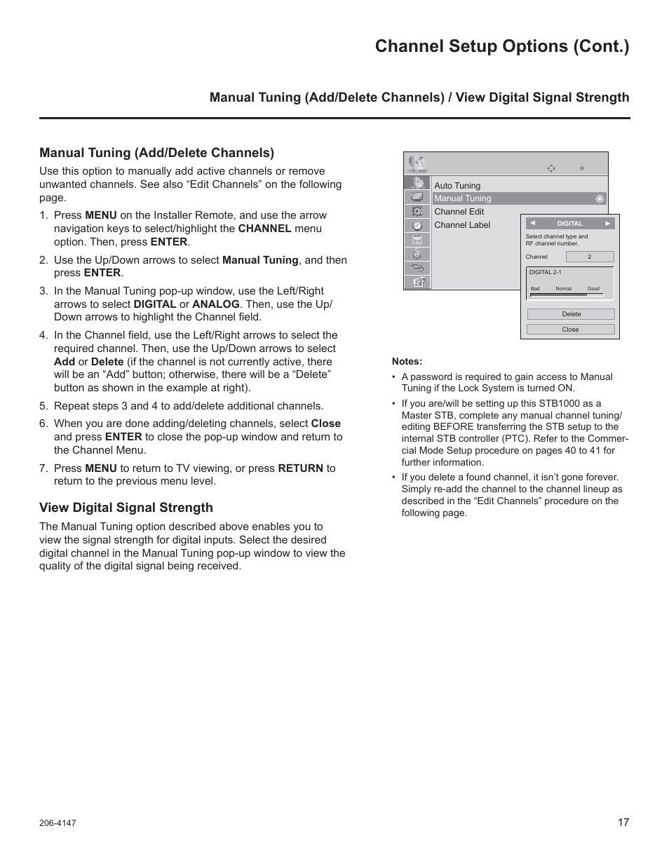 Channel setup options (cont.), View digital signal strength | LG STB1000 User Manual | Page 17 / 86