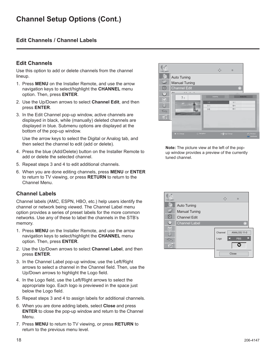 Channel setup options (cont.), Edit channels / channel labels, Edit channels | Channel labels | LG STB1000 User Manual | Page 18 / 86