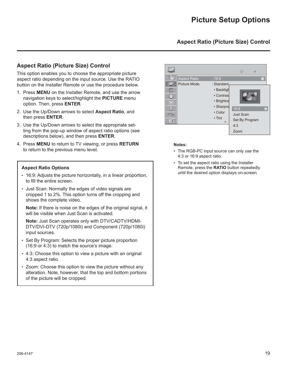 Picture setup options, Aspect ratio (picture size) control | LG STB1000 User Manual | Page 19 / 86