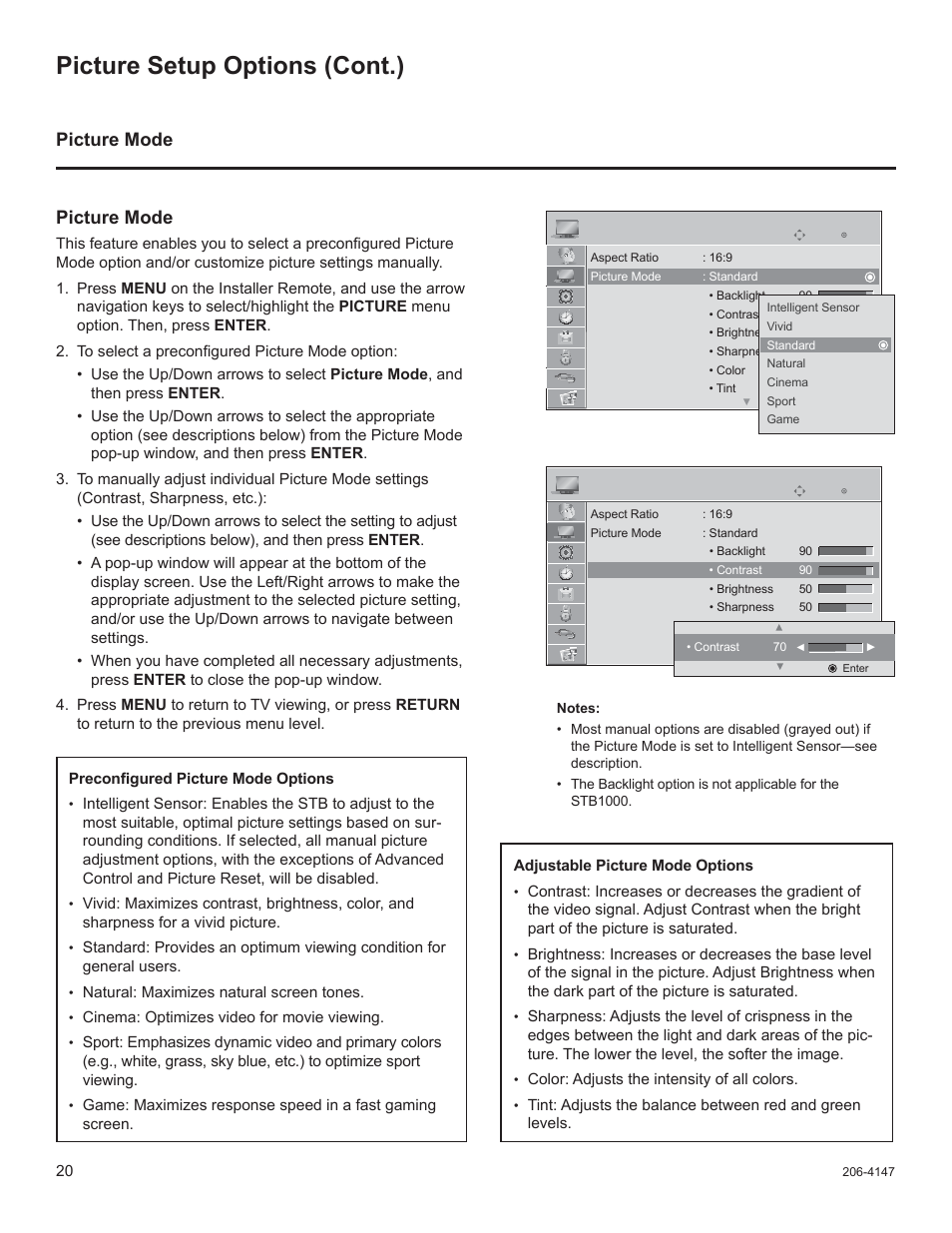 Picture setup options (cont.), Picture mode | LG STB1000 User Manual | Page 20 / 86