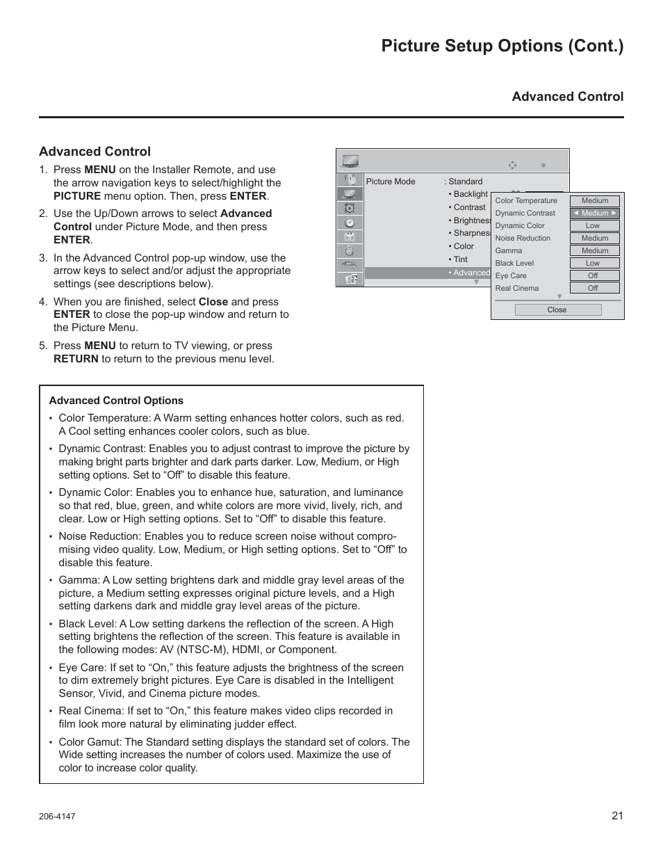 Picture setup options (cont.), Advanced control | LG STB1000 User Manual | Page 21 / 86