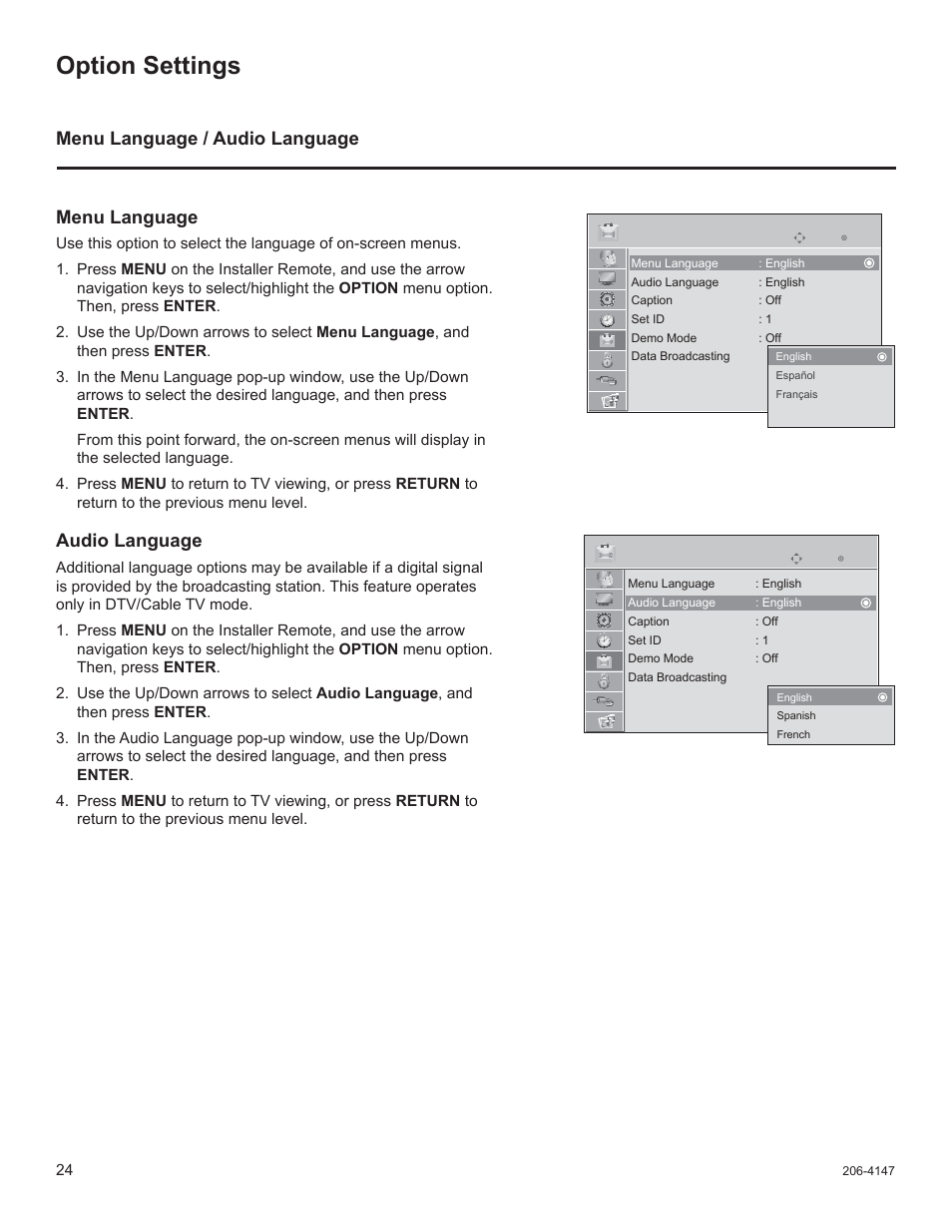 Option settings, Menu language / audio language menu language, Audio language | LG STB1000 User Manual | Page 24 / 86