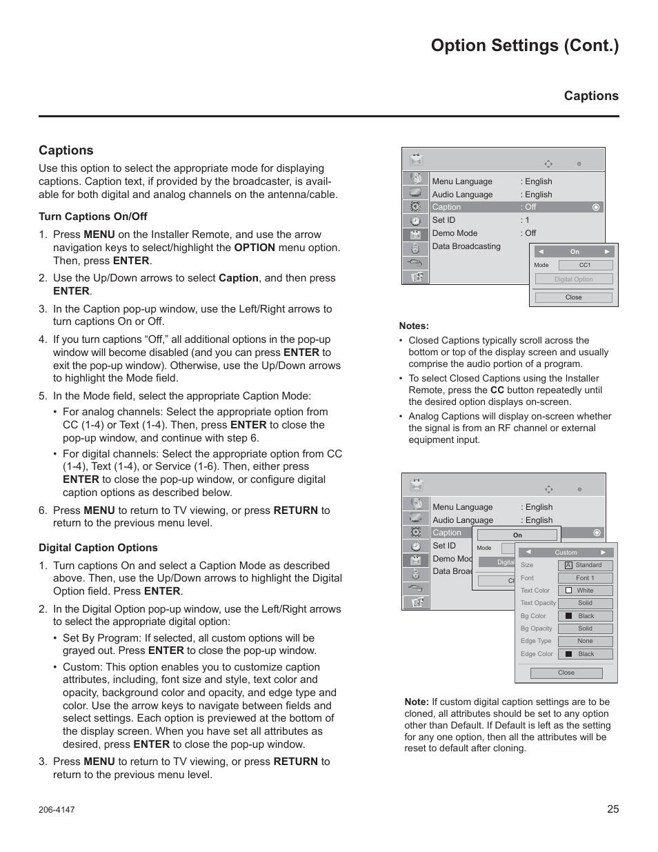 Option settings (cont.), Captions | LG STB1000 User Manual | Page 25 / 86