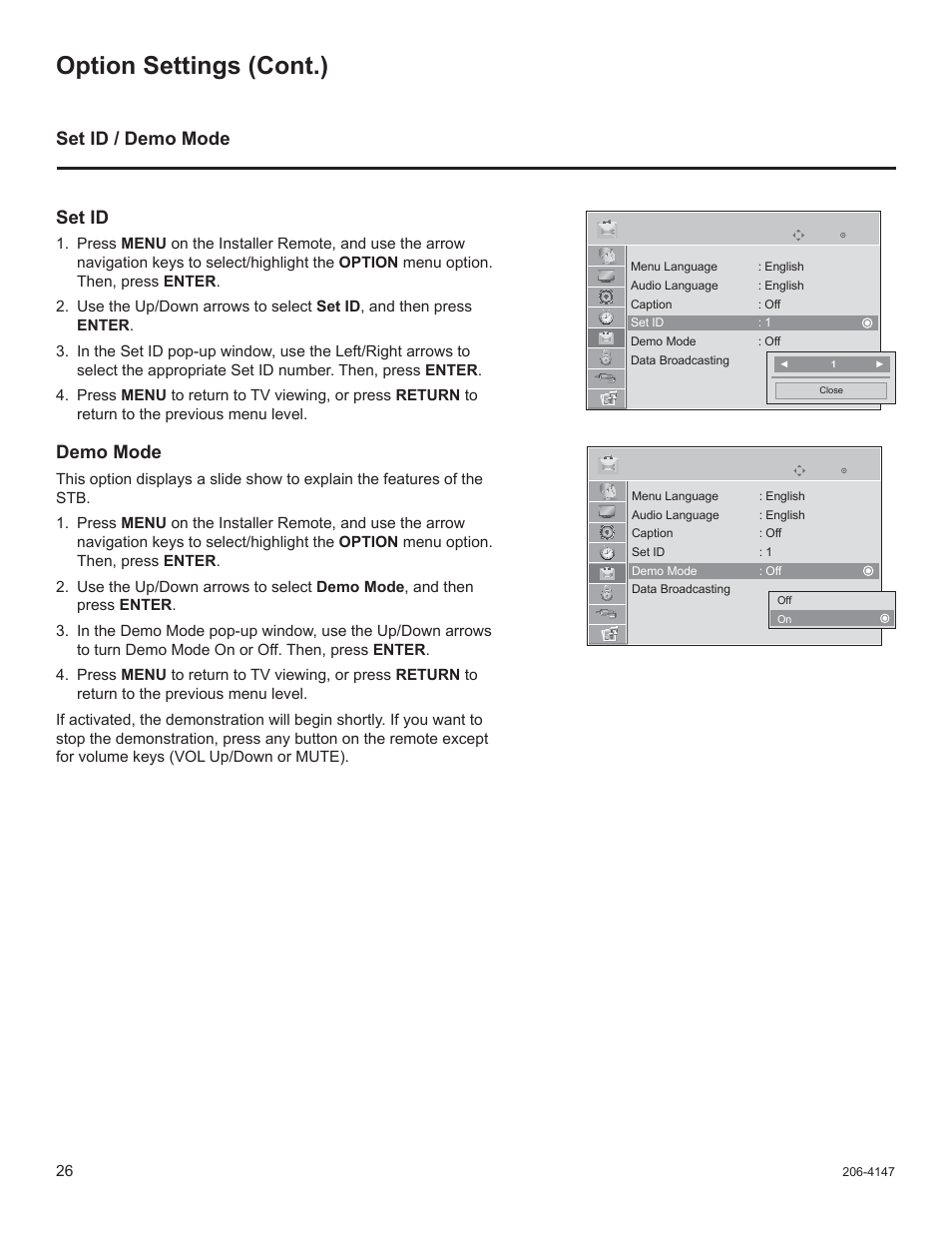 Option settings (cont.), Set id / demo mode set id, Demo mode | LG STB1000 User Manual | Page 26 / 86