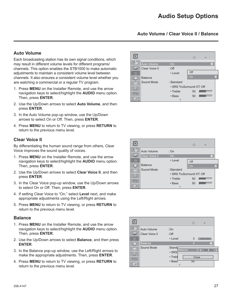 Audio setup options, Auto volume / clear voice ii / balance auto volume, Clear voice ii | Balance | LG STB1000 User Manual | Page 27 / 86