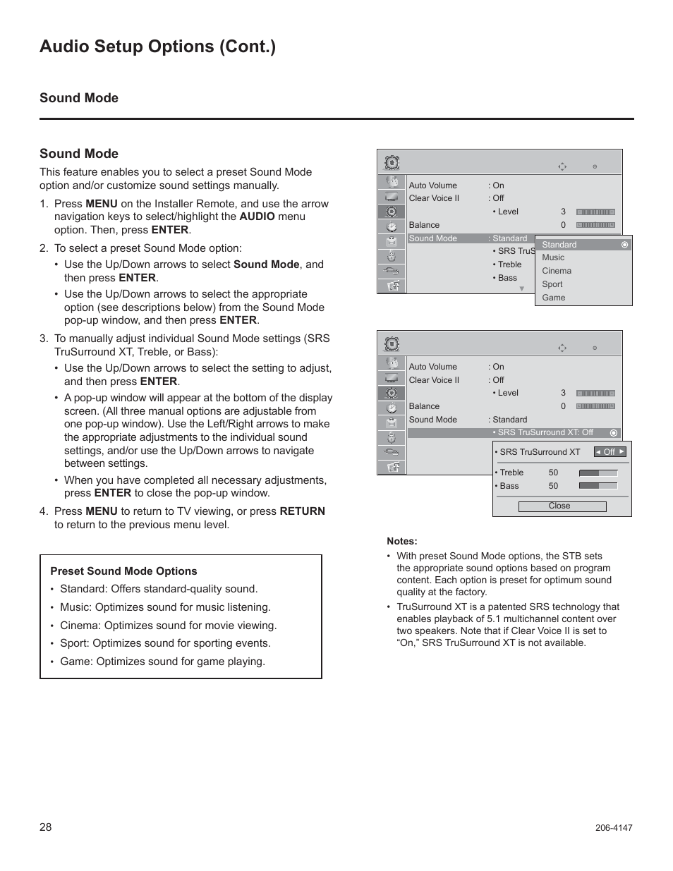 Audio setup options (cont.), Sound mode | LG STB1000 User Manual | Page 28 / 86