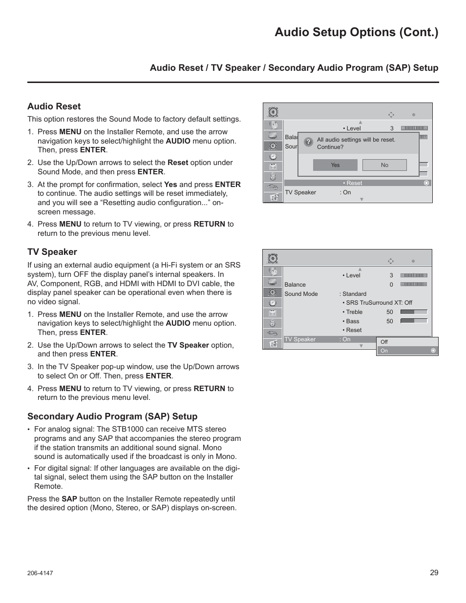 Audio setup options (cont.), Tv speaker, Secondary audio program (sap) setup | LG STB1000 User Manual | Page 29 / 86