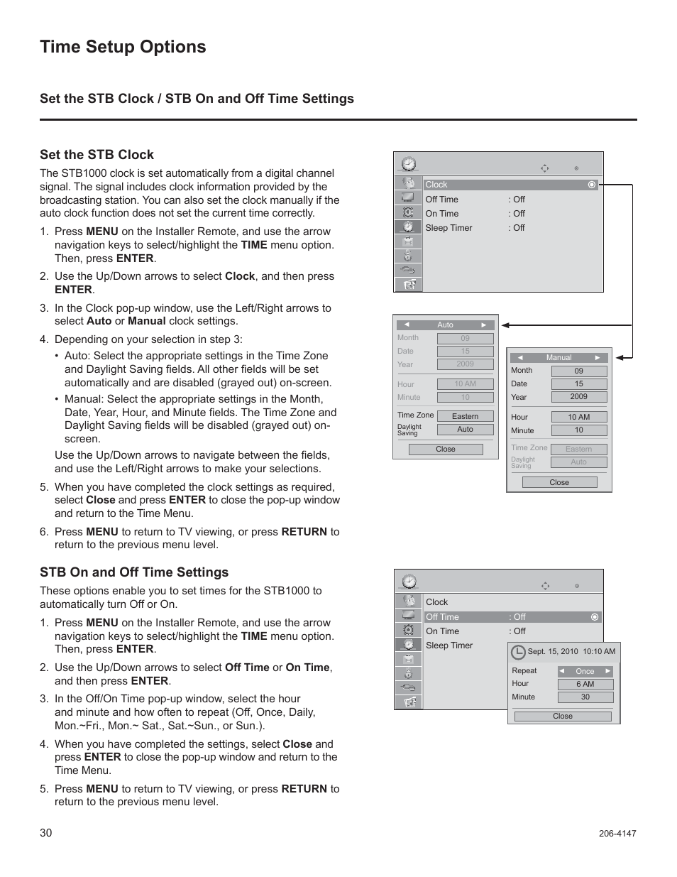 Time setup options, Stb on and off time settings | LG STB1000 User Manual | Page 30 / 86