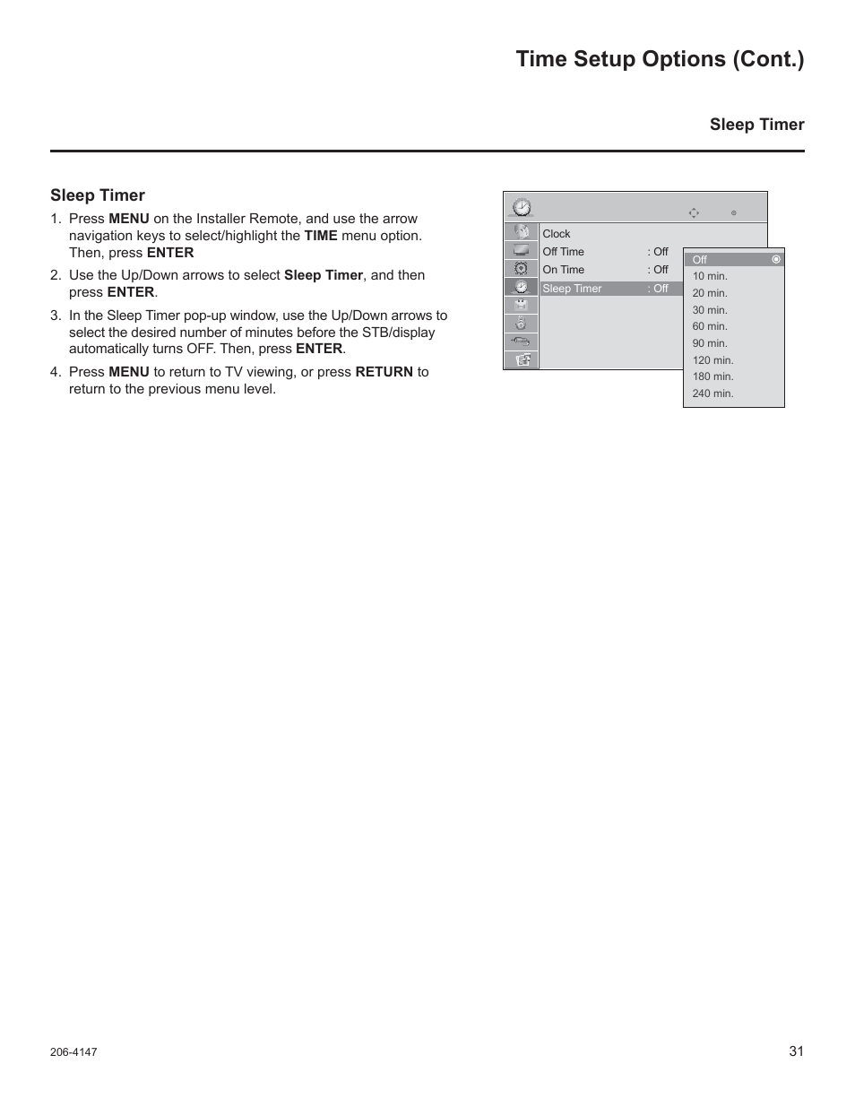 Time setup options (cont.), Sleep timer | LG STB1000 User Manual | Page 31 / 86