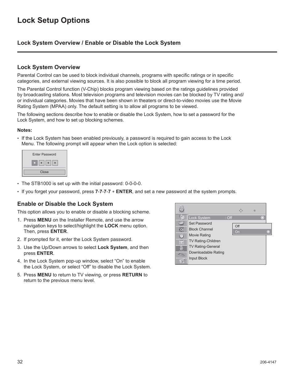 Lock setup options, Enable or disable the lock system | LG STB1000 User Manual | Page 32 / 86