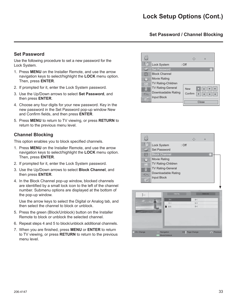 Lock setup options (cont.), Set password / channel blocking, Set password | Channel blocking | LG STB1000 User Manual | Page 33 / 86