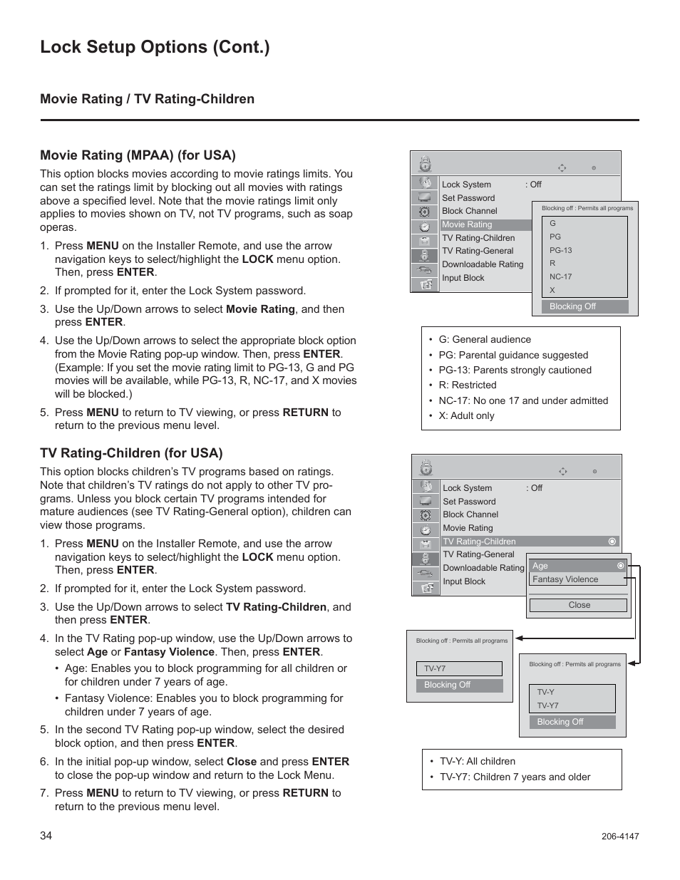 Lock setup options (cont.), Tv rating-children (for usa) | LG STB1000 User Manual | Page 34 / 86