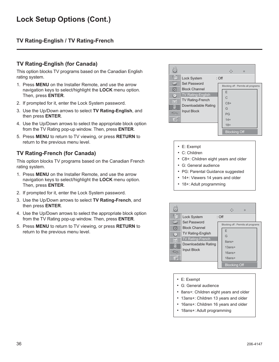 Lock setup options (cont.), Tv rating-english (for canada), Tv rating-french (for canada) | Tv rating-english / tv rating-french | LG STB1000 User Manual | Page 36 / 86