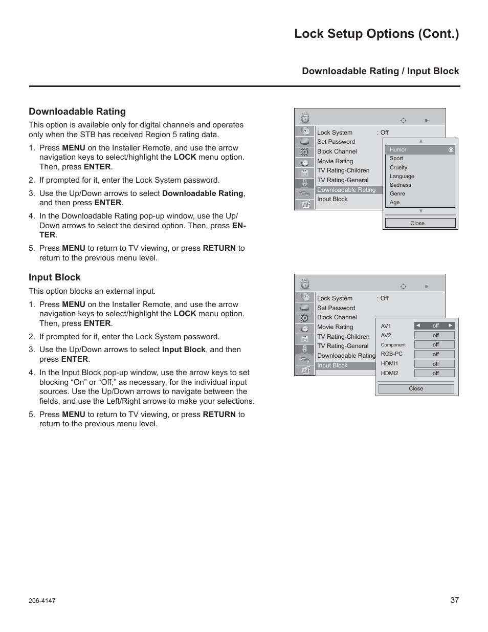 Lock setup options (cont.), Downloadable rating, Input block | Downloadable rating / input block | LG STB1000 User Manual | Page 37 / 86