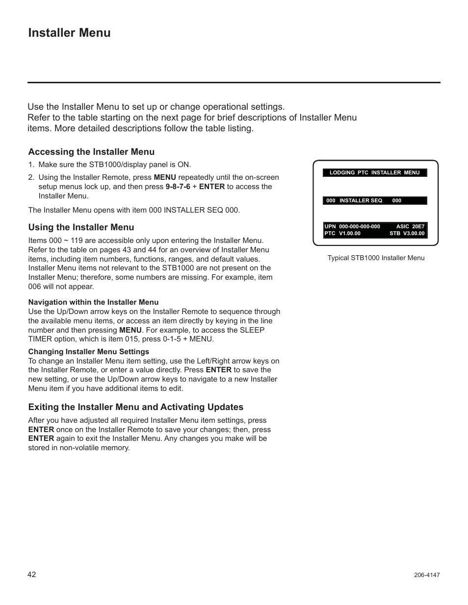 Installer menu, Using the installer menu, Exiting the installer menu and activating updates | LG STB1000 User Manual | Page 42 / 86