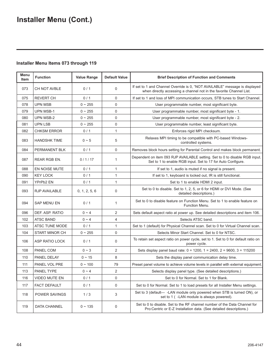 Installer menu (cont.) | LG STB1000 User Manual | Page 44 / 86