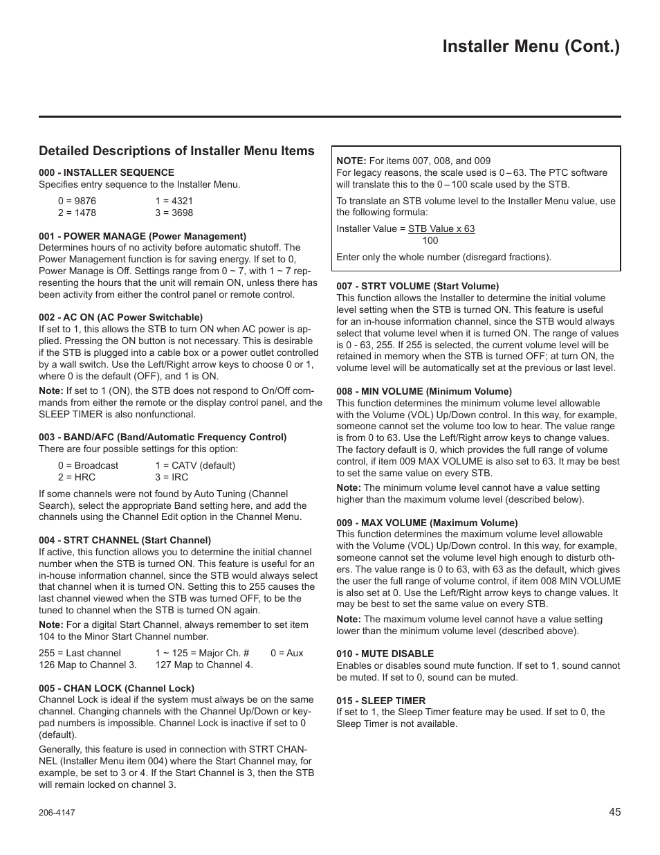 Installer menu (cont.), Detailed descriptions of installer menu items | LG STB1000 User Manual | Page 45 / 86