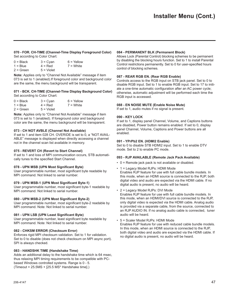 Installer menu (cont.) | LG STB1000 User Manual | Page 47 / 86