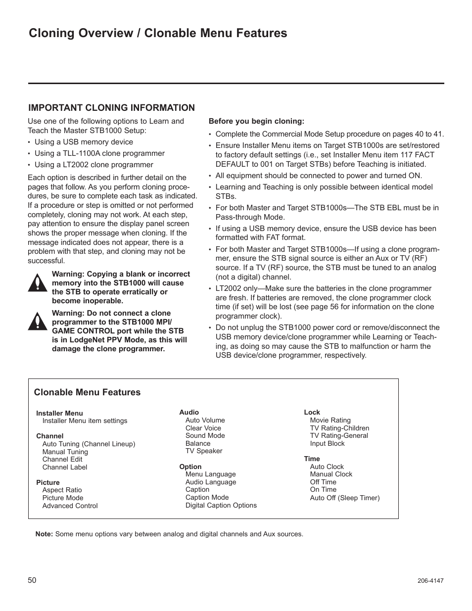 Cloning overview / clonable menu features | LG STB1000 User Manual | Page 50 / 86