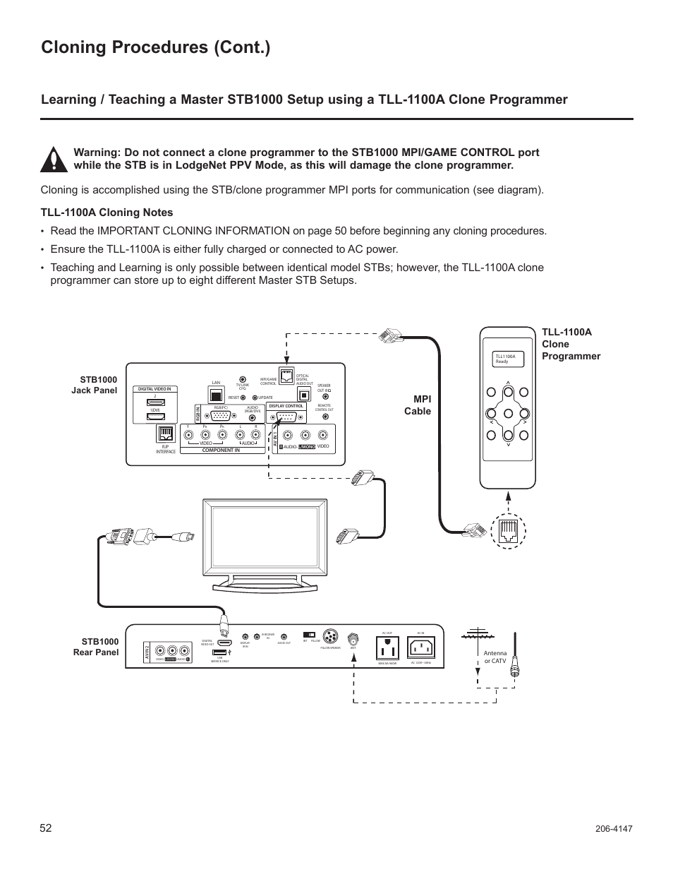 Cloning procedures (cont.), Mpi cable tll-1100a clone programmer | LG STB1000 User Manual | Page 52 / 86