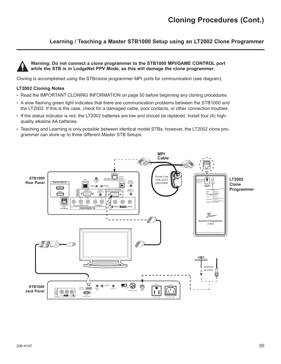 Cloning procedures (cont.), Mpi cable lt2002 clone programmer | LG STB1000 User Manual | Page 55 / 86