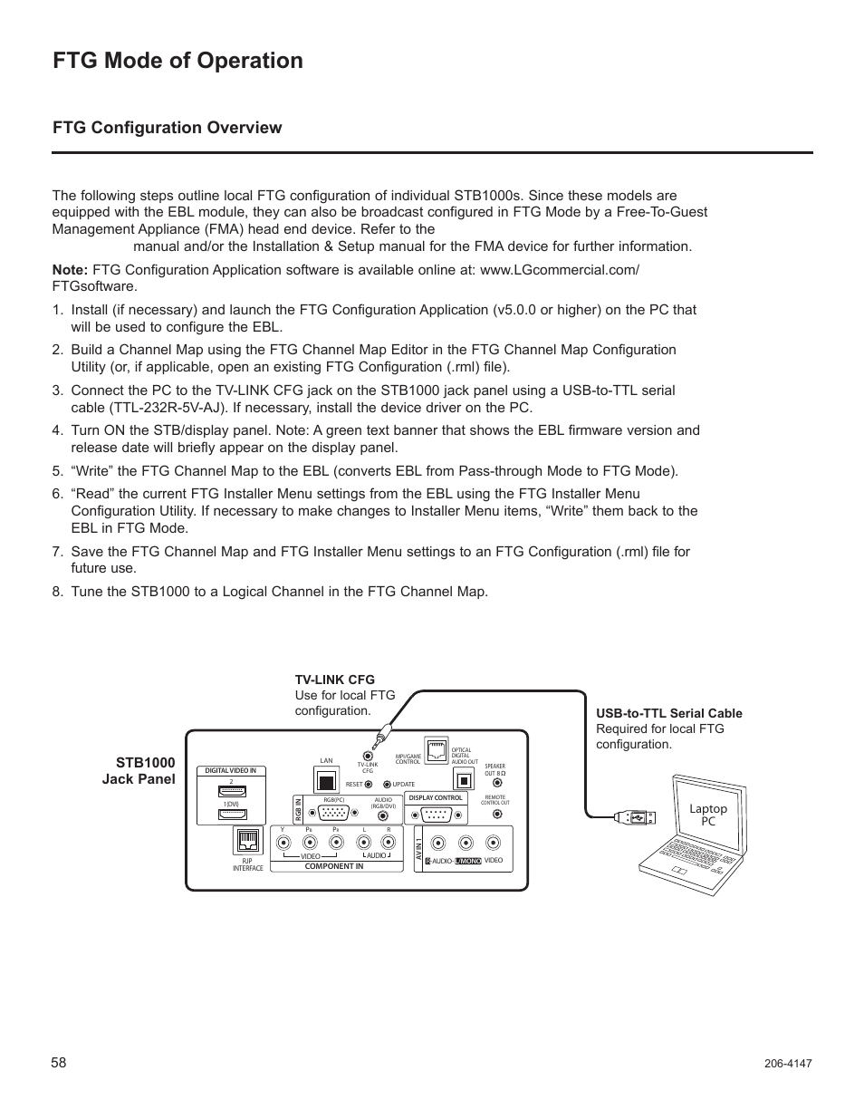 Ftg mode of operation, Ftg confi guration overview, Stb1000 jack panel | LG STB1000 User Manual | Page 58 / 86