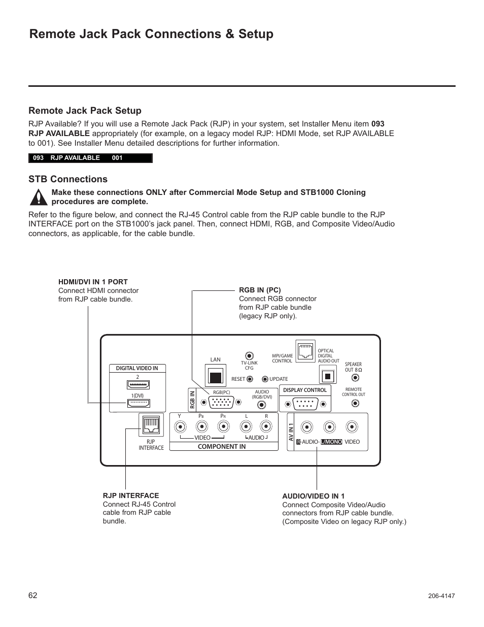 Remote jack pack connections & setup, Remote jack pack setup, Stb connections | LG STB1000 User Manual | Page 62 / 86
