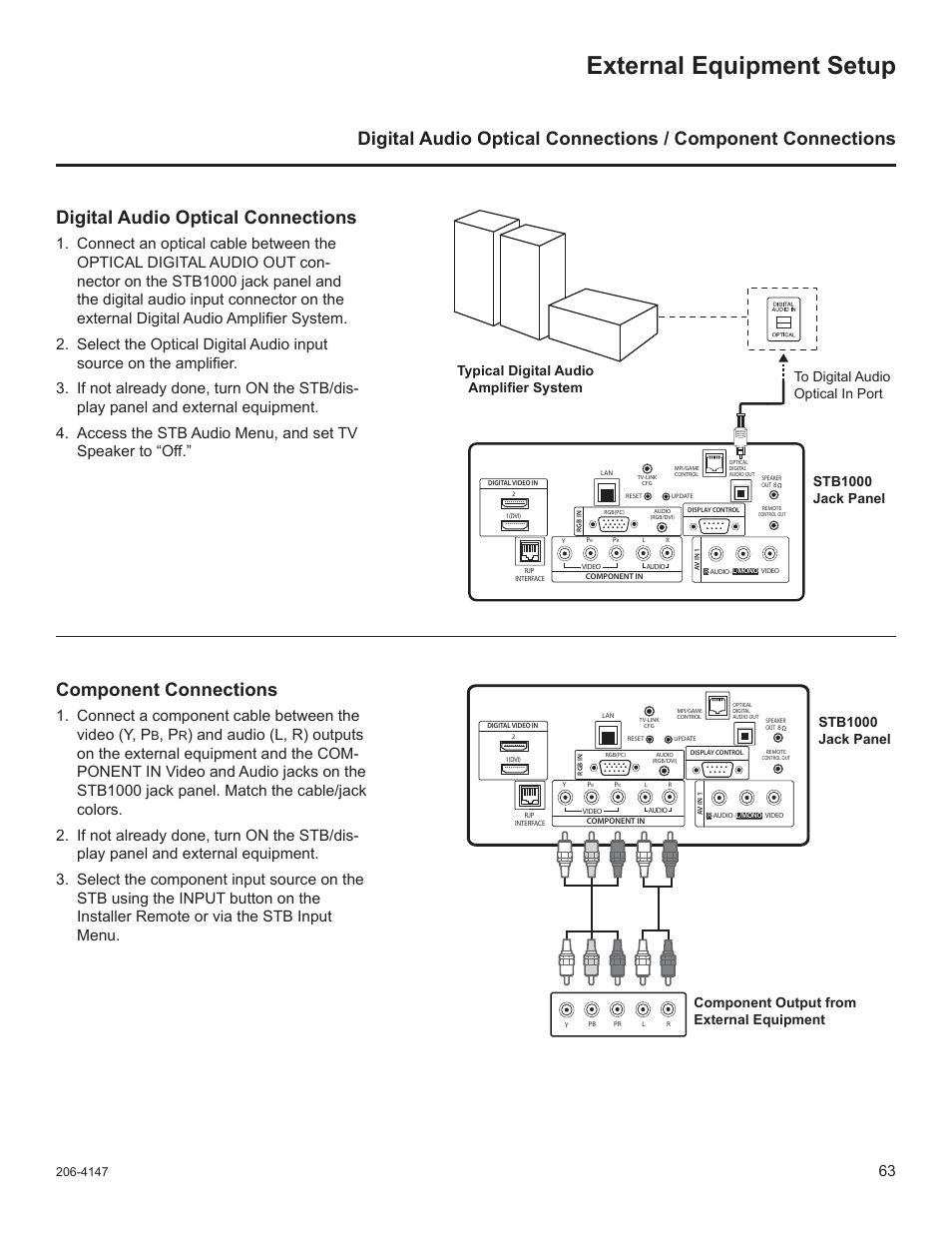 External equipment setup, Component connections, Connect a component cable between the video (y, p | LG STB1000 User Manual | Page 63 / 86