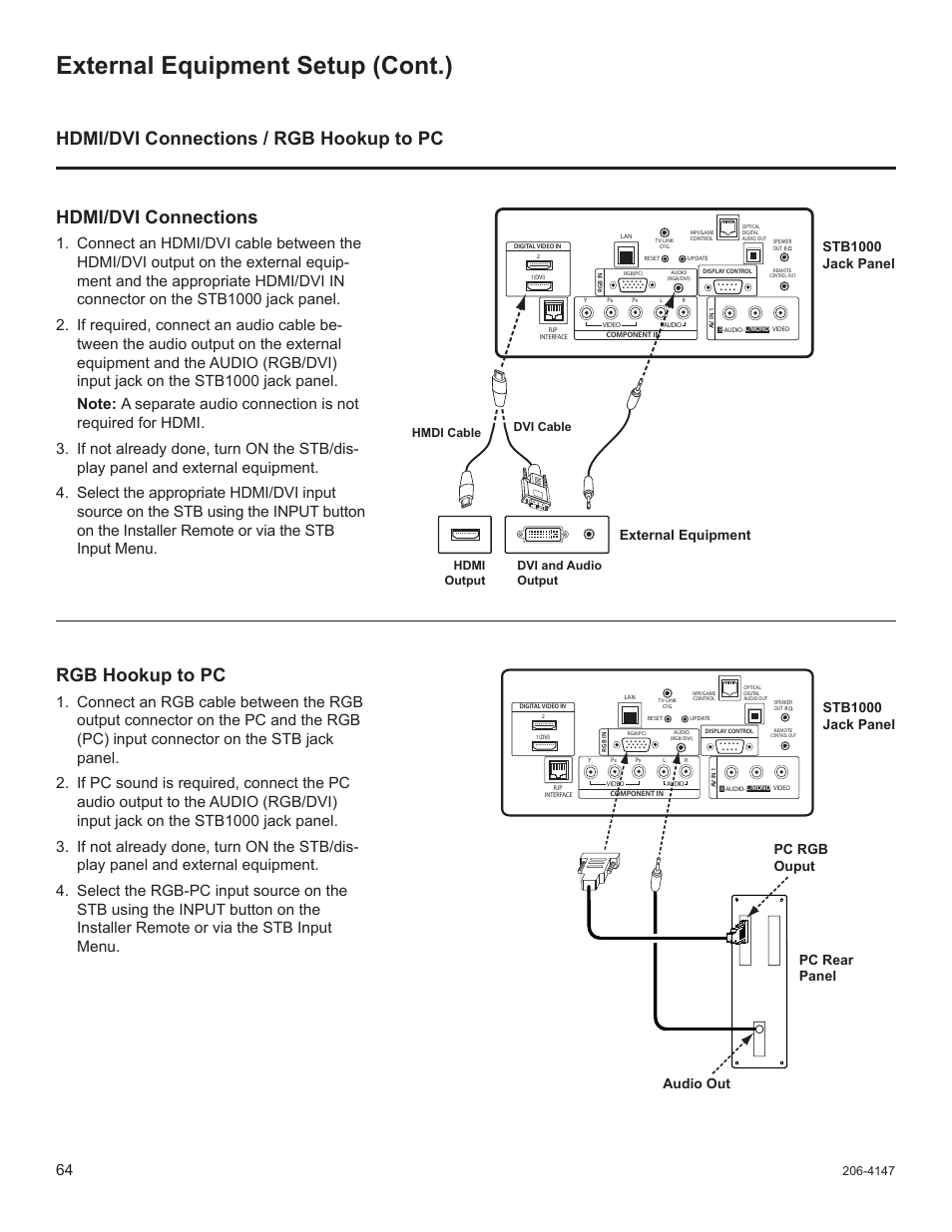 External equipment setup (cont.), Hdmi/dvi connections, Rgb hookup to pc | Hdmi/dvi connections / rgb hookup to pc, Stb1000 jack panel external equipment | LG STB1000 User Manual | Page 64 / 86