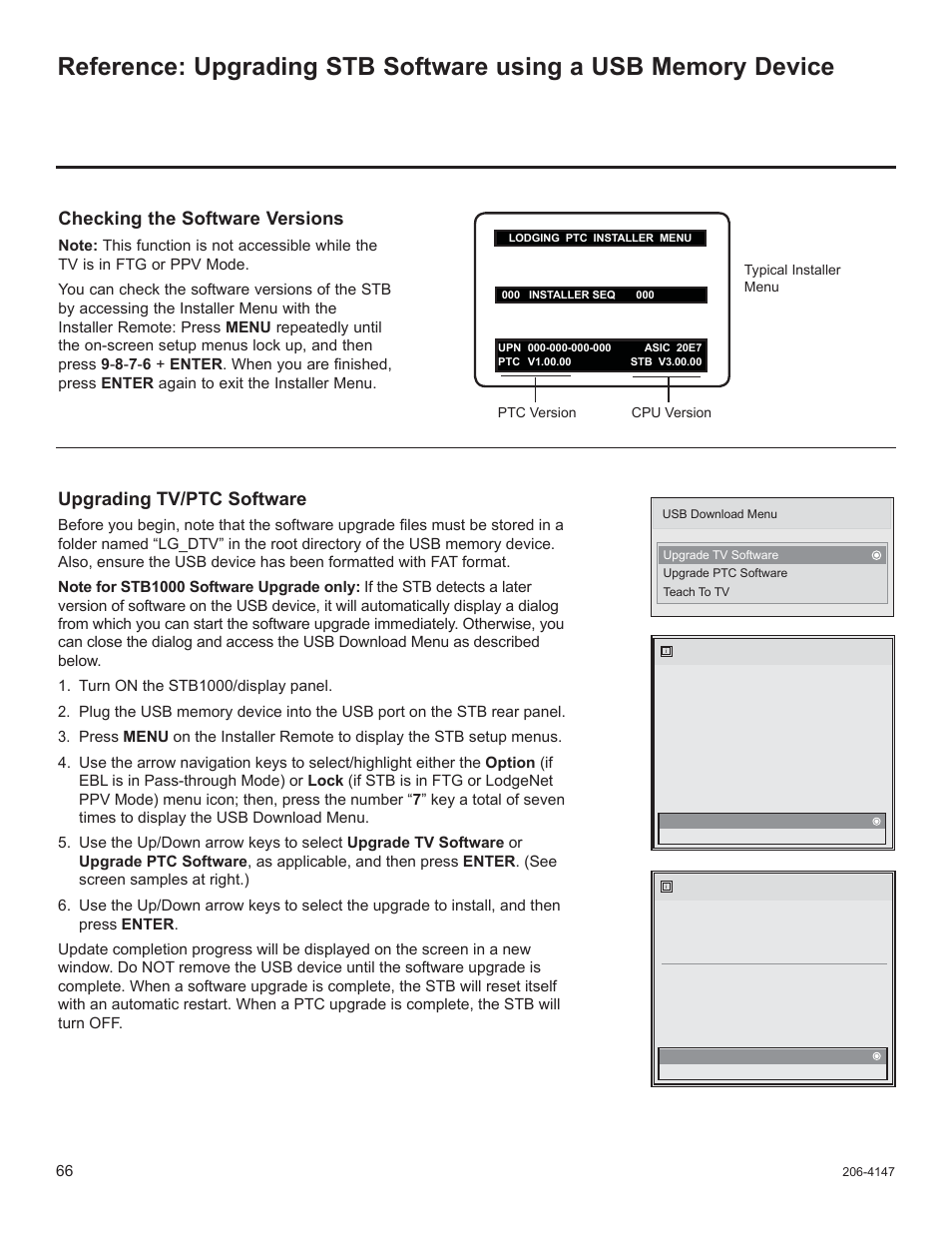 Checking the software versions, Upgrading tv/ptc software | LG STB1000 User Manual | Page 66 / 86