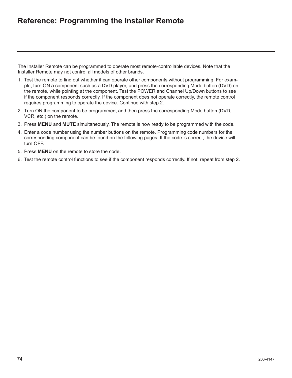 Reference: programming the installer remote | LG STB1000 User Manual | Page 74 / 86