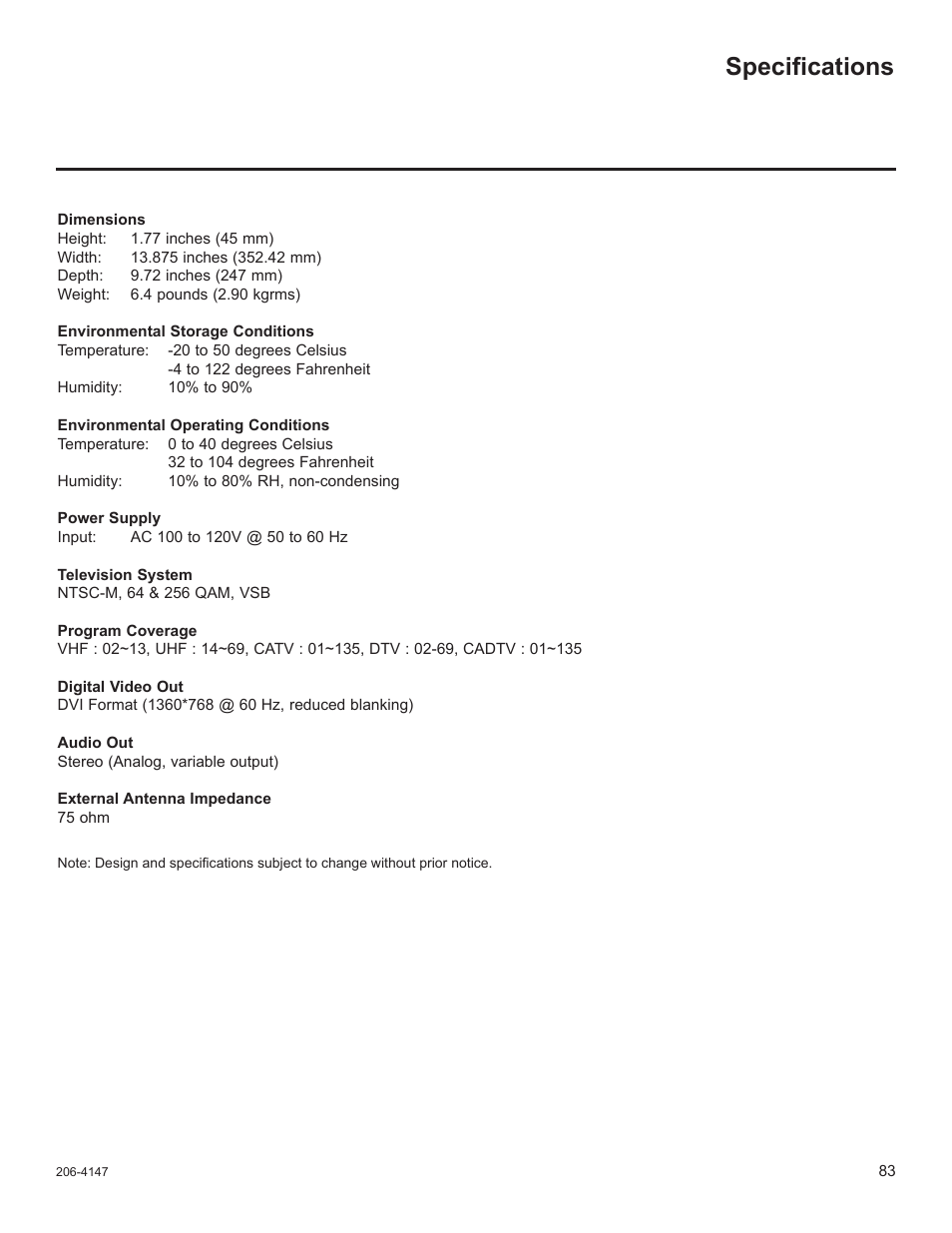 Specifications | LG STB1000 User Manual | Page 83 / 86
