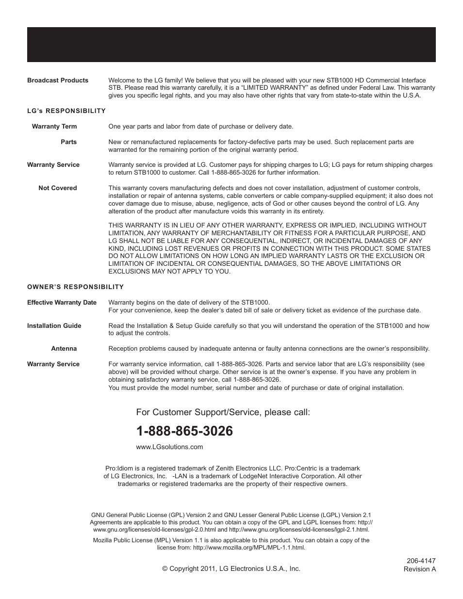 Lg stb1000 hd commercial interface stb warranty, For customer support/service, please call | LG STB1000 User Manual | Page 86 / 86