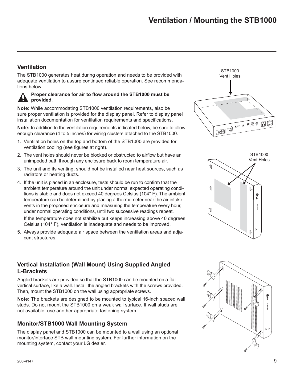 Ventilation / mounting the stb1000, Ventilation, Monitor/stb1000 wall mounting system | LG STB1000 User Manual | Page 9 / 86