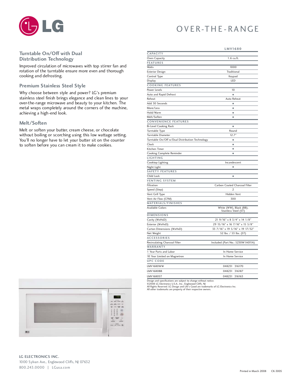 Turntable on/off with dual distribution technology, Premium stainless steel style, Melt/soften | LG LMV1680 User Manual | Page 2 / 2