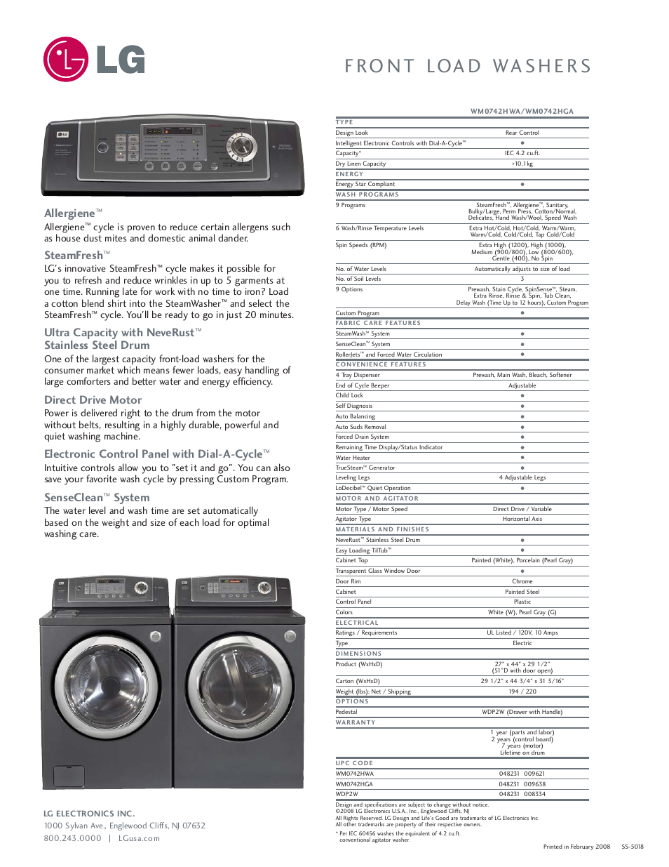 Allergiene, Steamfresh, Ultra capacity with neverust | Stainless steel drum, Direct drive motor, Electronic control panel with dial-a-cycle, Senseclean, System, Lg's innovative steamfresh, And select the steamfresh | LG WM0742HGA User Manual | Page 2 / 2