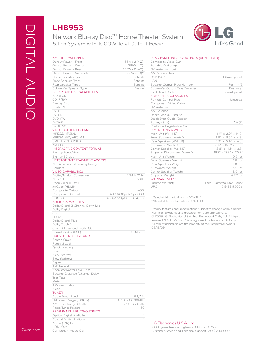 Digit al a udio, Lhb953, Network blu-ray disc™ home theater system | Lg electronics u.s.a., inc | LG LHB953 User Manual | Page 2 / 2