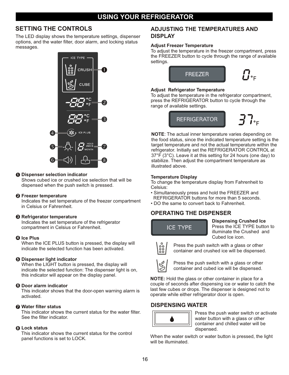 Using your refrigerator, Setting the controls | LG LFX23961SB User Manual | Page 16 / 68