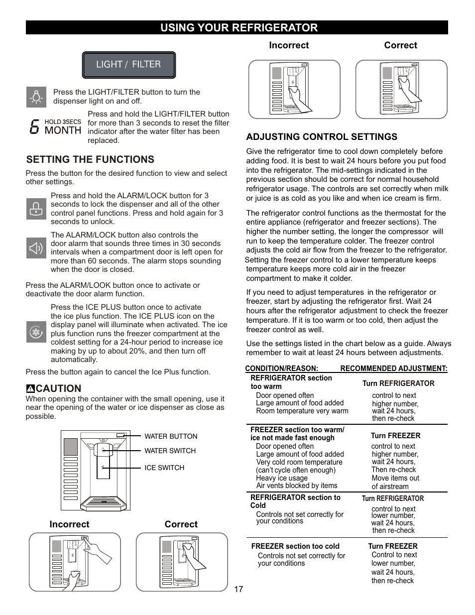 Using your refrigerator, Setting the functions, Caution | LG LFX23961SB User Manual | Page 17 / 68