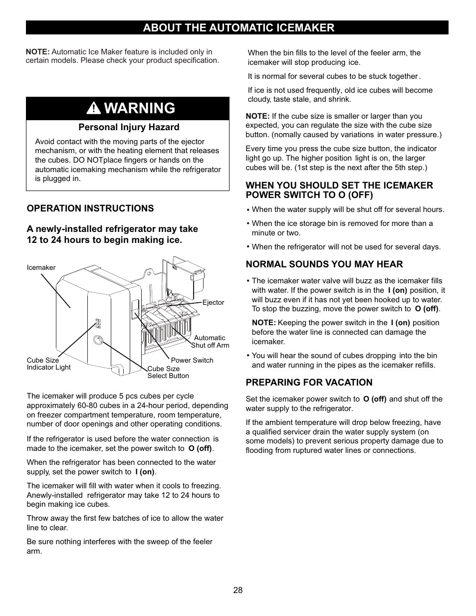 Warning, About the automatic icemaker | LG LFX23961SB User Manual | Page 28 / 68