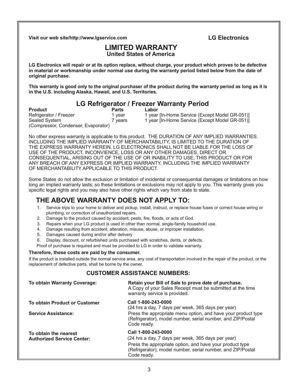 Limited warranty, Lg refrigerator / freezer warranty period, The above warranty does not apply to | LG LFX23961SB User Manual | Page 3 / 68