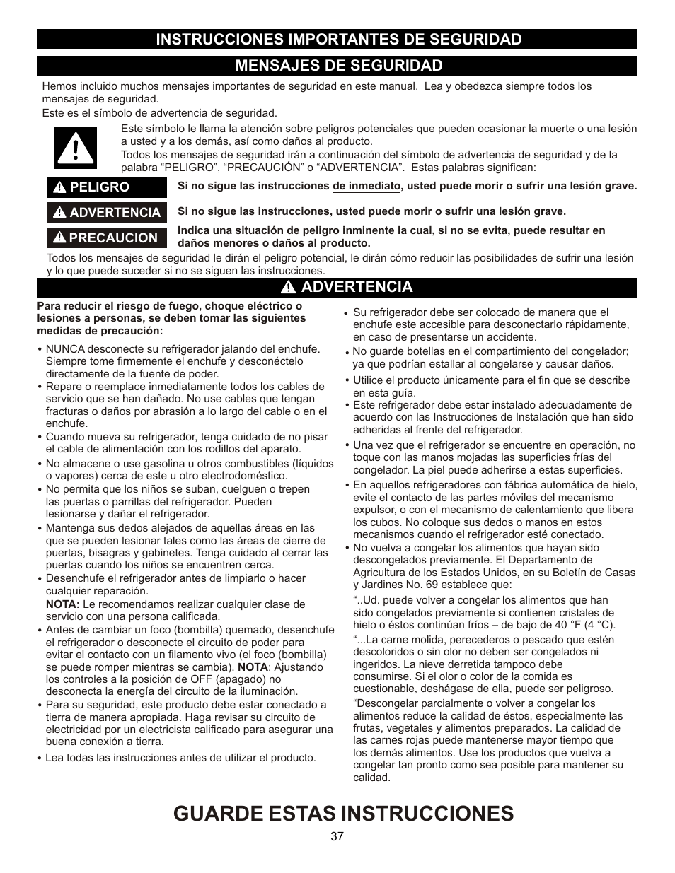 Guarde estas instrucciones, Advertencia, Mensajes de seguridad | Instrucciones importantes de seguridad | LG LFX23961SB User Manual | Page 37 / 68