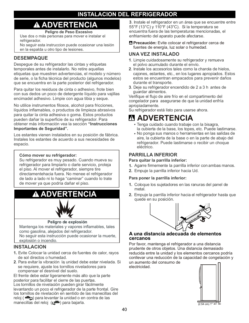 Advertencia, Instalacion del refrigerador | LG LFX23961SB User Manual | Page 40 / 68