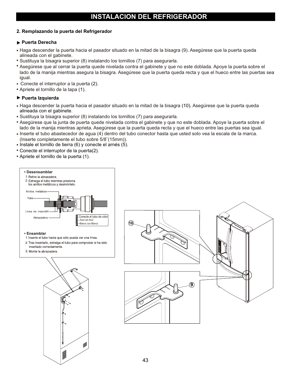 Instalacion del refrigerador | LG LFX23961SB User Manual | Page 43 / 68